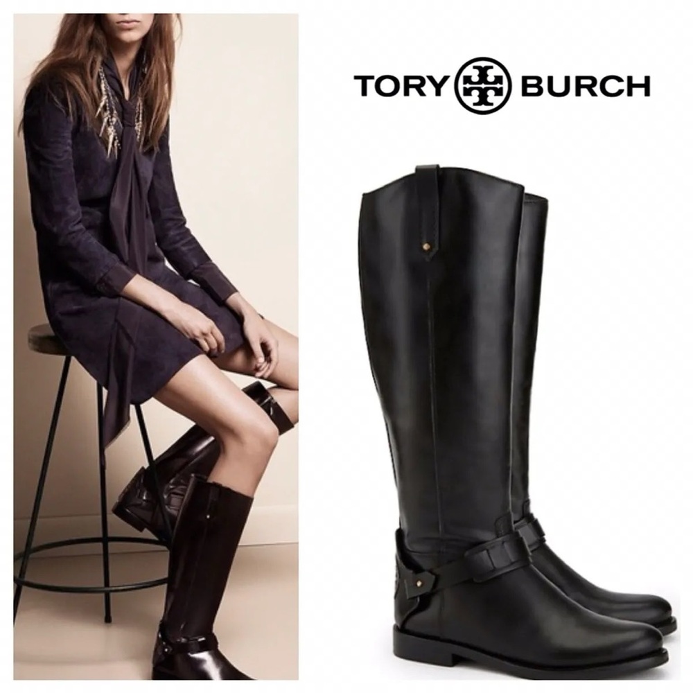 Tory Burch Colton Galleon Black Leather Riding Boot Size‎ 7.5